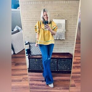 Mustard Yellow Peasant Blouse with Multicolor Trim